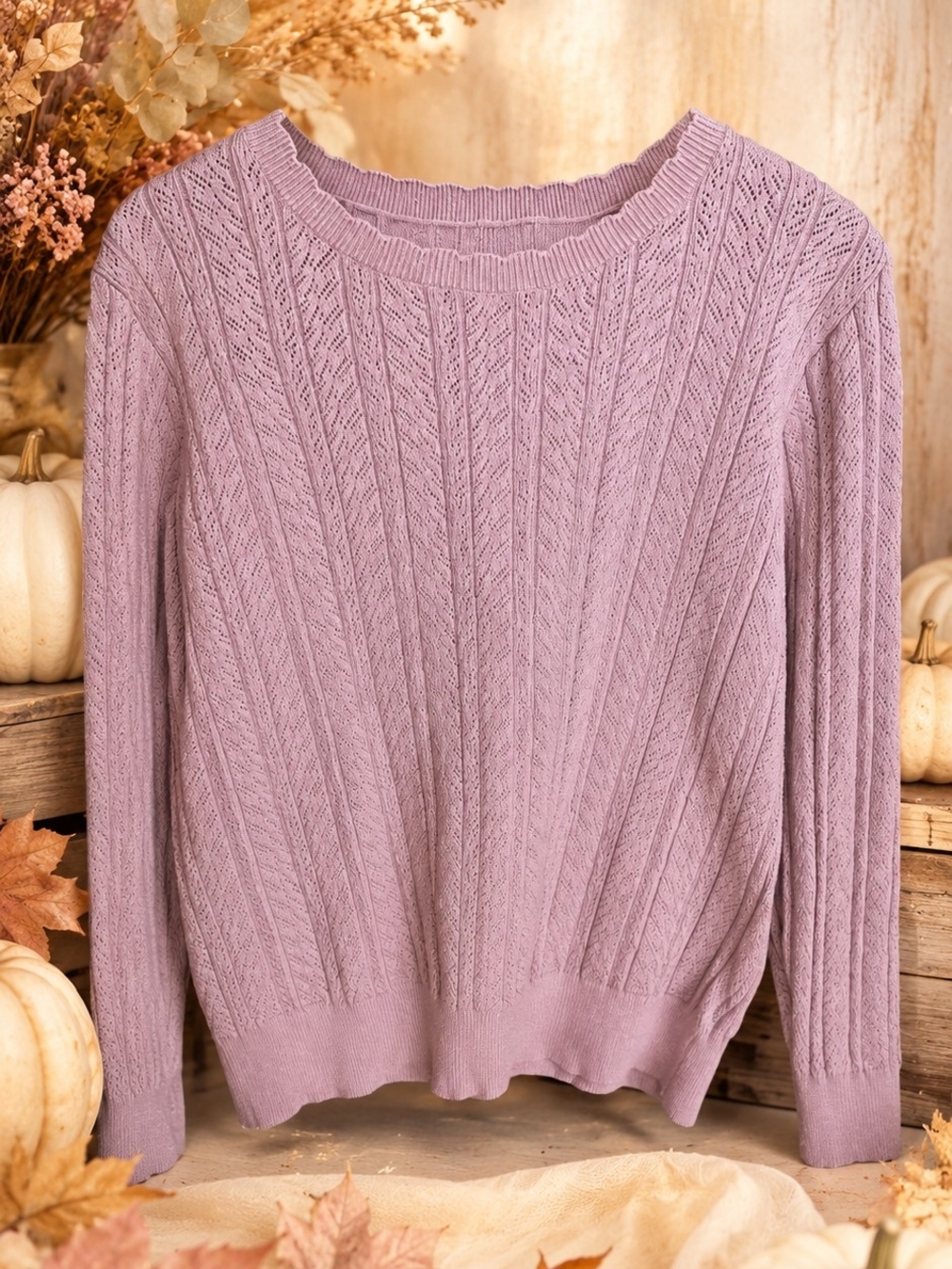 Women's Lavender Cable Knit Crewneck Sweater